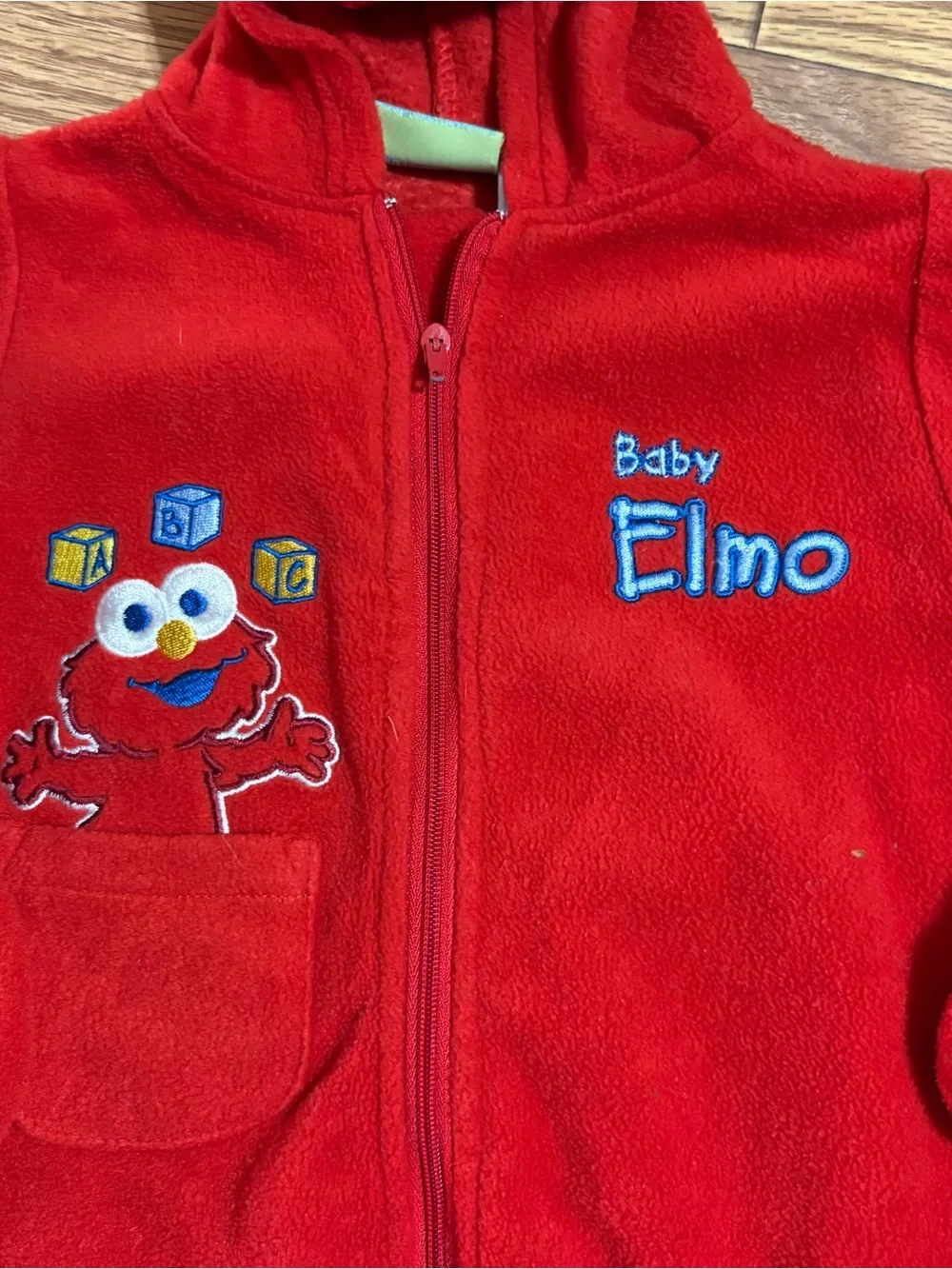 Vintage Elmo Hooded Pajamas Bodysuit 6-9 Months Red Fleece Zip Up Sesame Street